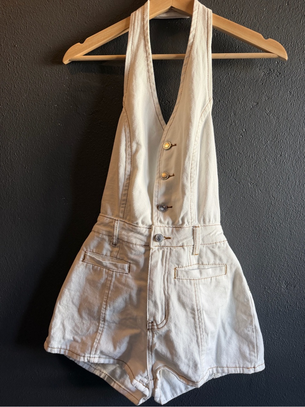 Missguided Cream Denim Short Overalls with V-Neck Front Buttons